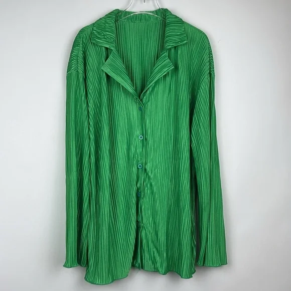 2 Piece Set Pleated Long Sleeve Loose Fit Button Down Shirt Wide Leg Pants Green - Picture 3 of 12